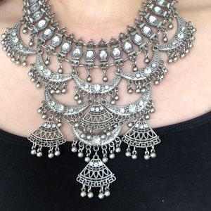 Boho silver fringe necklace